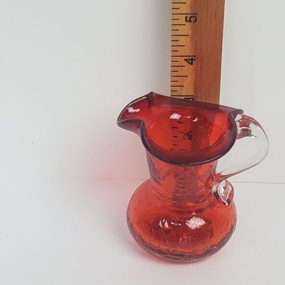 Amberina Red Orange Hand Blown Crackled Art Glass Mini Cruet Pitcher Jug Vintage - Picture 8 of 12